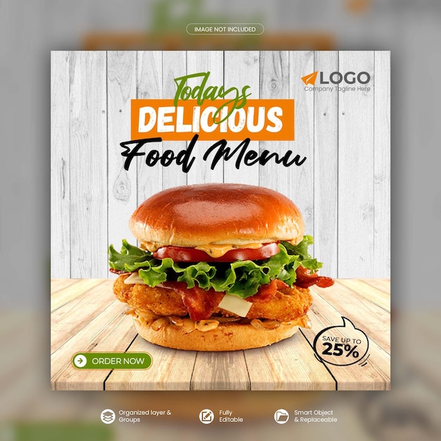 Delicious burger and food menu social media promotion square banner psd template