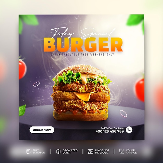 Delicious burger and food menu social media promotion square banner template psd