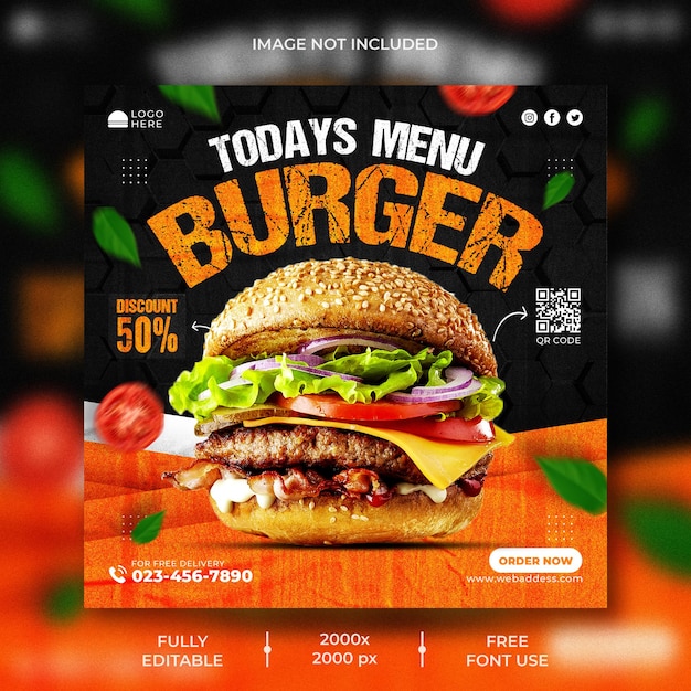 Delicious burger and food menu template for social media post