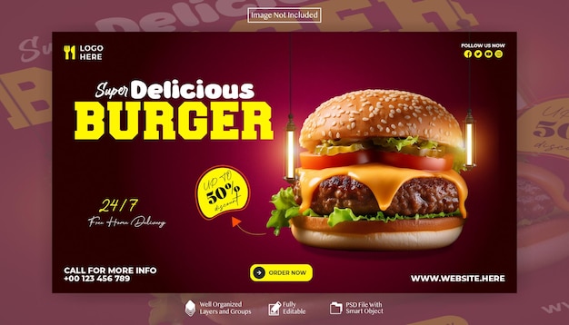 Delicious burger and food menu web banner template