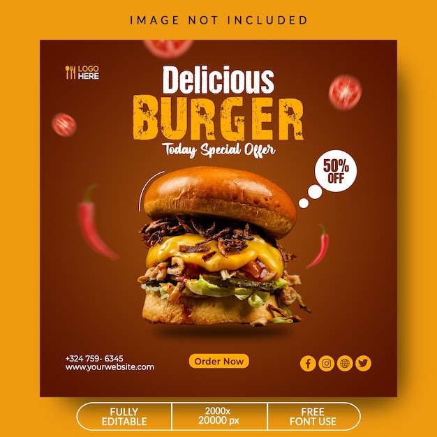 Delicious burger food social media post banner template Free Psd