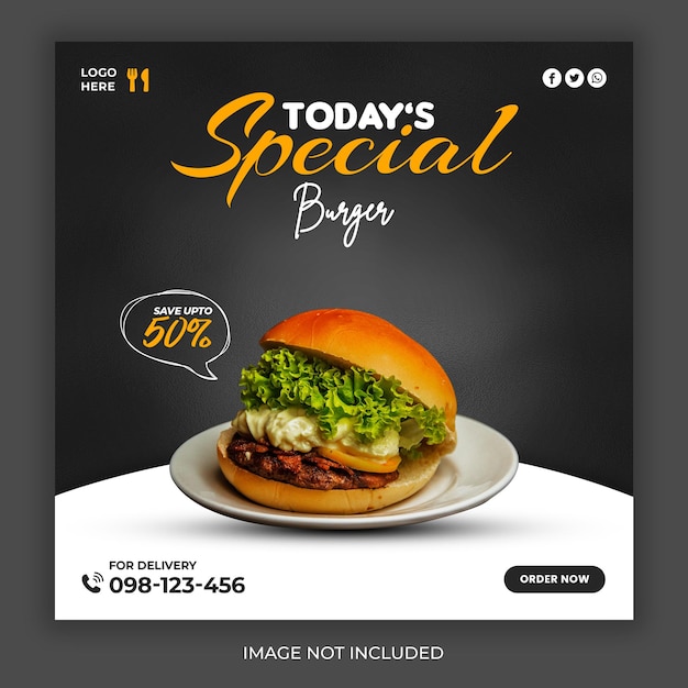 PSD delicious burger food social media promotion and instagram banner post design template