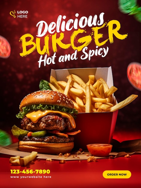 delicious burger and french fries social media and Instagram banner post design template