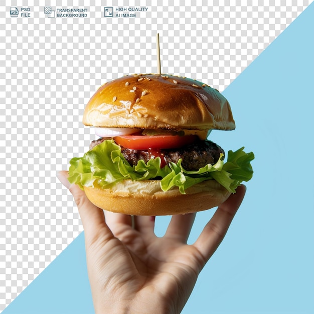 Delicious burger held in hand isolated on transparent background png