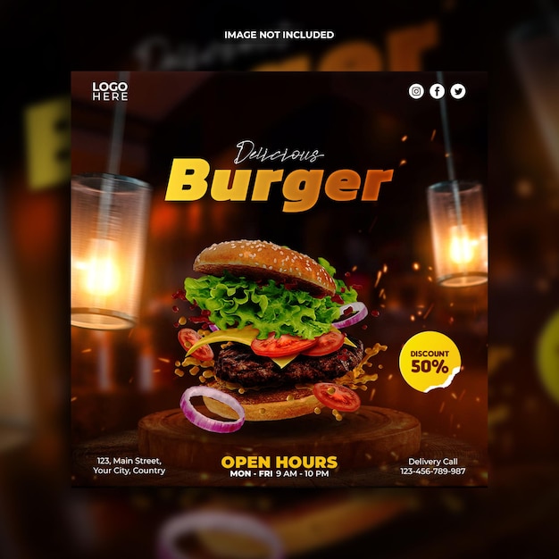 Delicious burger promotion instagram post or square web banner social media template