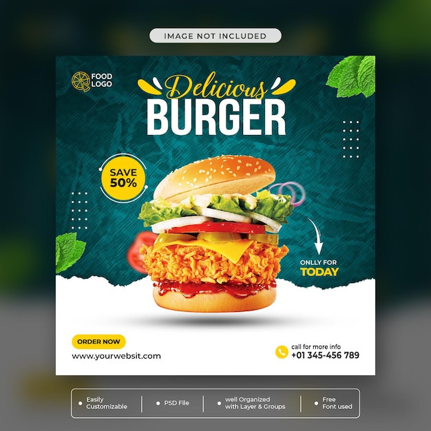 Delicious burger social media post banner design template