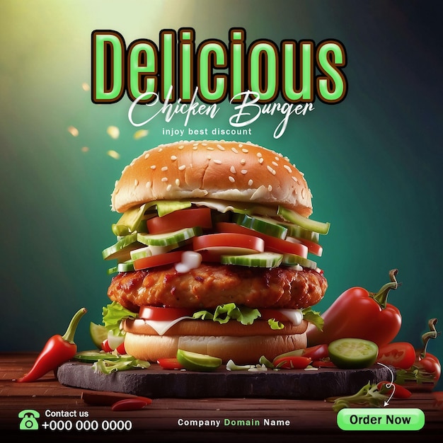 Delicious Burger Social Media Post Banner Food Menu Template