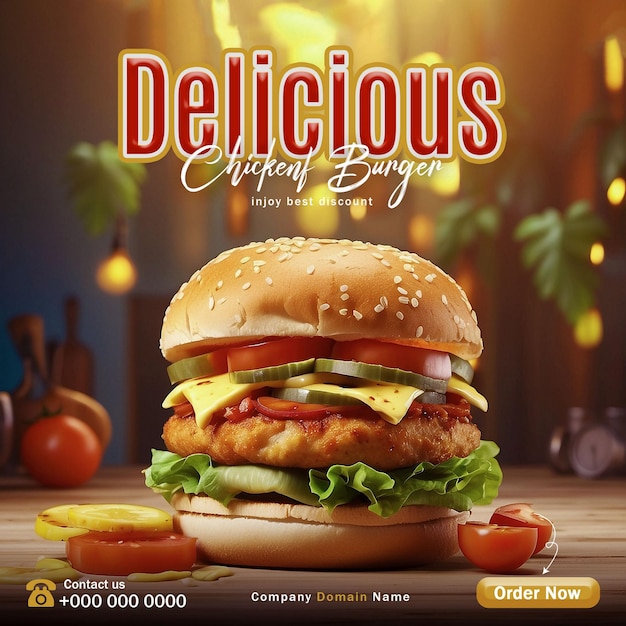 Delicious Burger Social Media Post Banner Food Menu Template