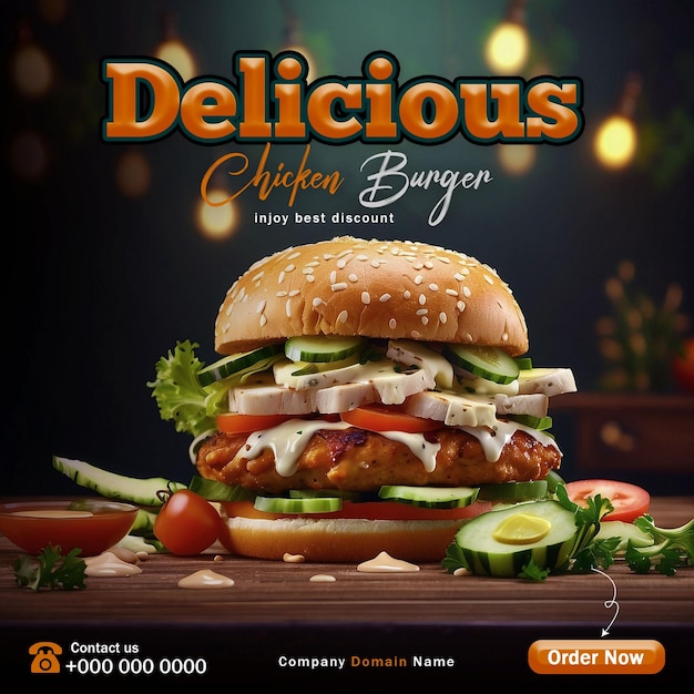 Delicious Burger Social Media Post Banner Food Menu Template