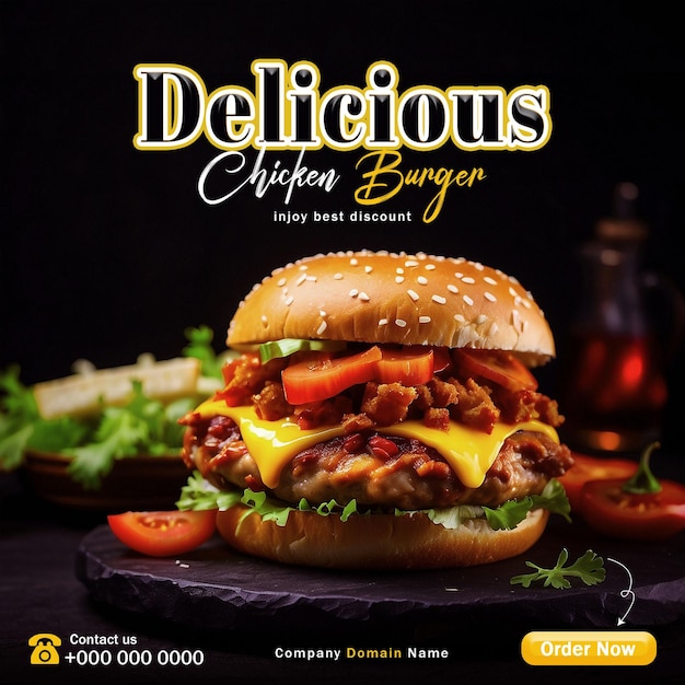 Delicious Burger Social Media Post Banner Food Menu Template