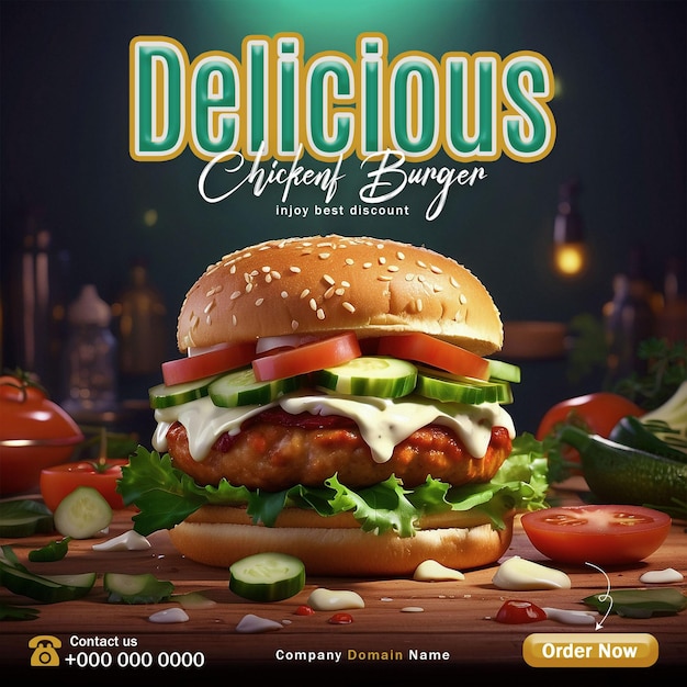 Delicious Burger Social Media Post Banner Food Menu Template