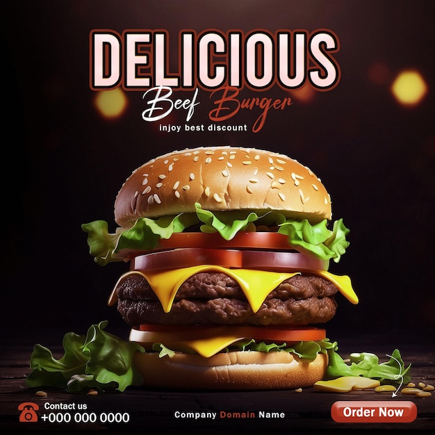 Delicious Burger Social Media Post Banner Food Menu Template