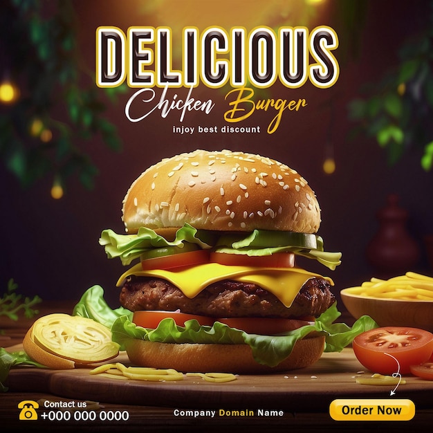 Delicious Burger Social Media Post Banner Food Menu Template