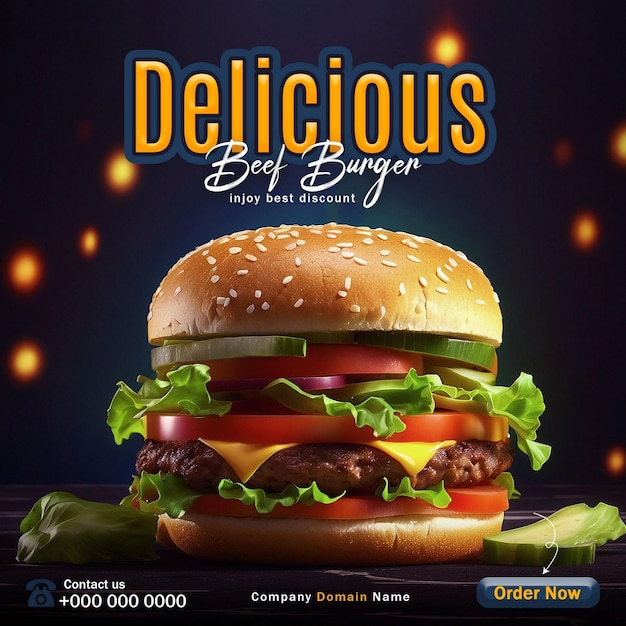 Delicious Burger Social Media Post Banner Food Menu Template