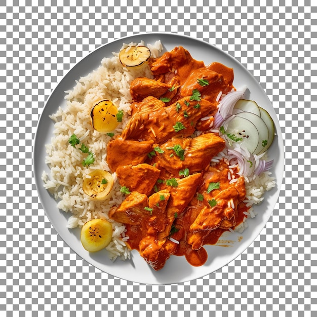 Delicious butter chicken on white rice with transparent background