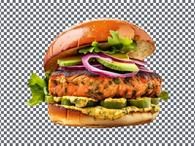 Delicious cajun salmon burger isolated on transparent background