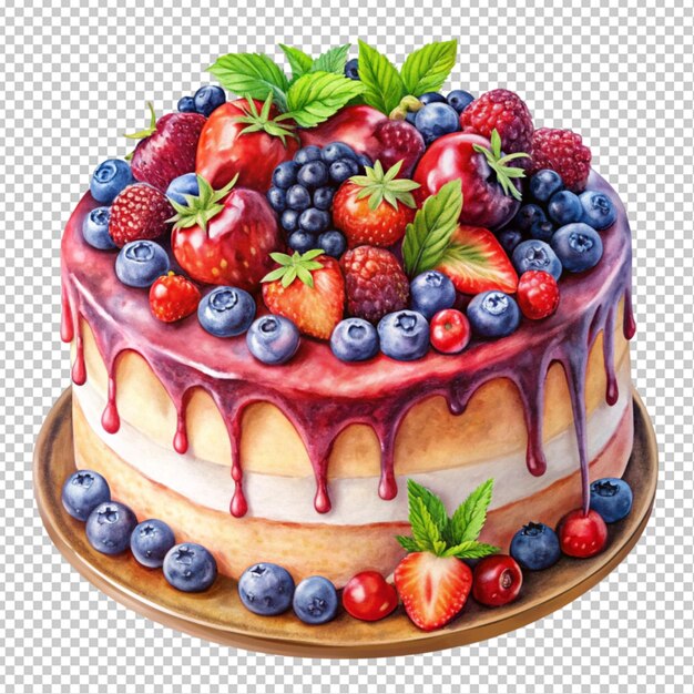 delicious cake with berries painted with paints transparent background