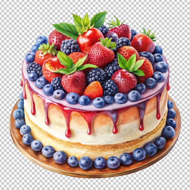 delicious cake with berries painted with paints transparent background