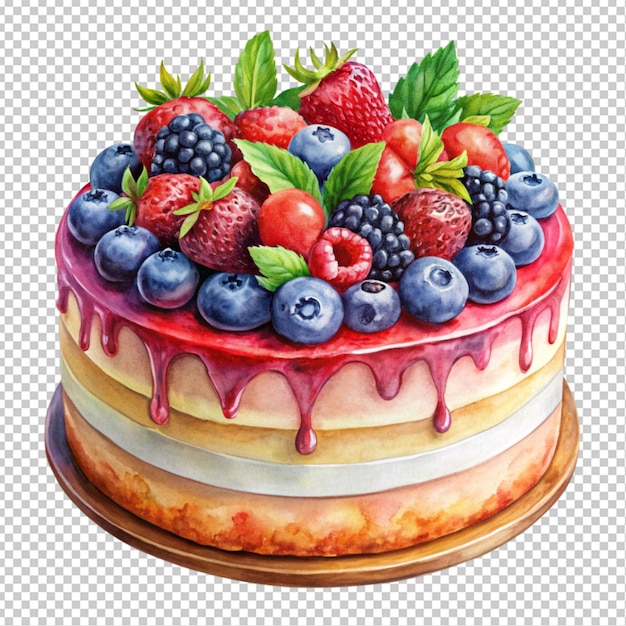 delicious cake with berries painted with paints transparent background