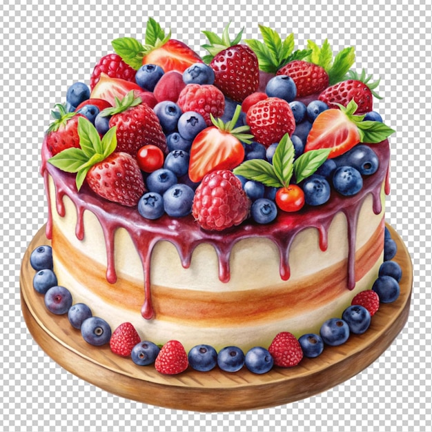 delicious cake with berries painted with paints transparent background