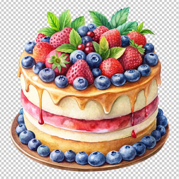 delicious cake with berries painted with paints transparent background