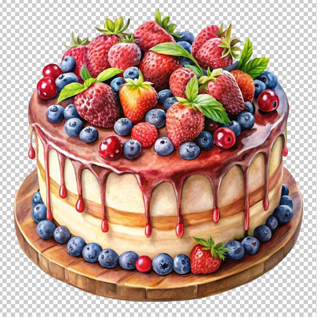 delicious cake with berries painted with paints transparent background