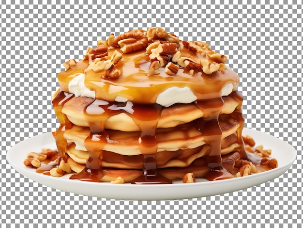 Delicious caramel glazed nuts pancakes stack isolated on transparent background