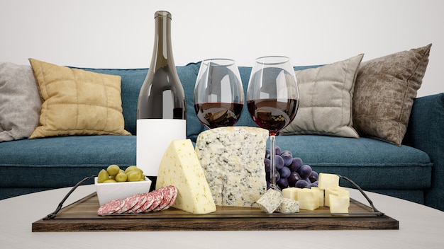 PSD delicious cheese assortment with red wine mockup