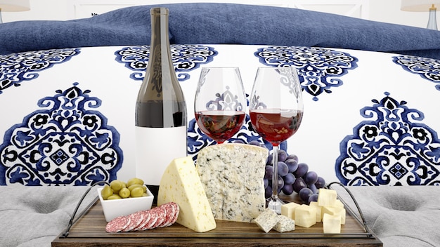 Delicious cheese assortment with red wine mockup