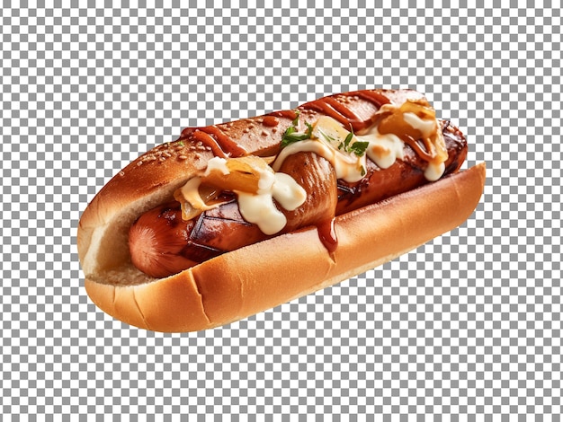 Delicious cheese hotdog isolated on transparent background