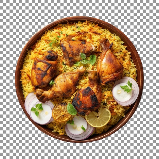 Delicious chicken biryani with vegetable slices on transparent background