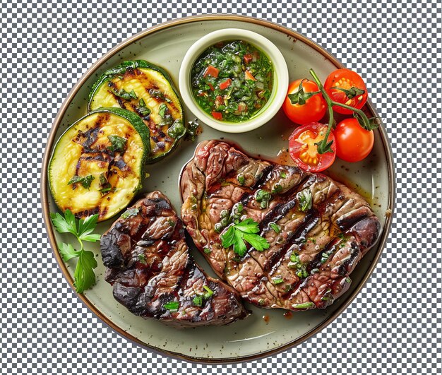 PSD delicious chimichurri grilled steak with grilled vegetables isolated on transparent background