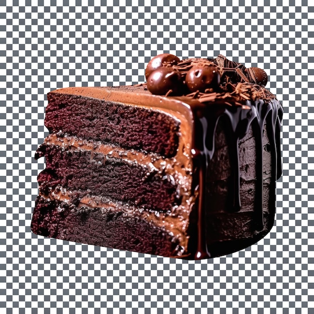 Delicious chocolate cake slice with melted chocolate isolated on transparent background