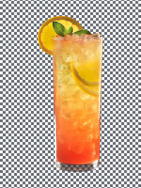 Delicious citrus punch in a glass with a cool touch of ice cubes on a transparent background