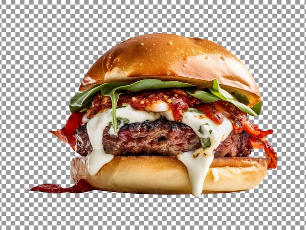 Delicious dried tomato and mozzarella burger isolated on transparent background