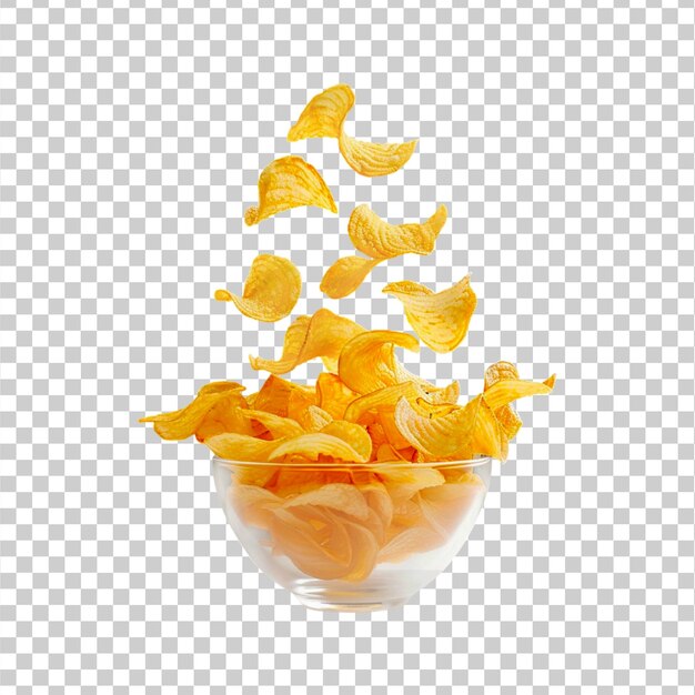 PSD delicious falling potato chips into glass bowl isolated on white background