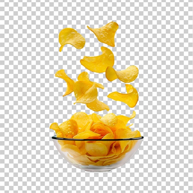 PSD delicious falling potato chips into glass bowl isolated on white background