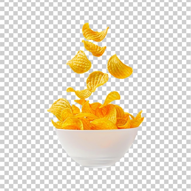 PSD delicious falling potato chips into glass bowl isolated on white background