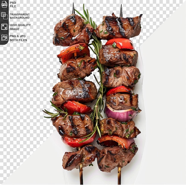 PSD delicious fire grilled meat skewers on transparent background