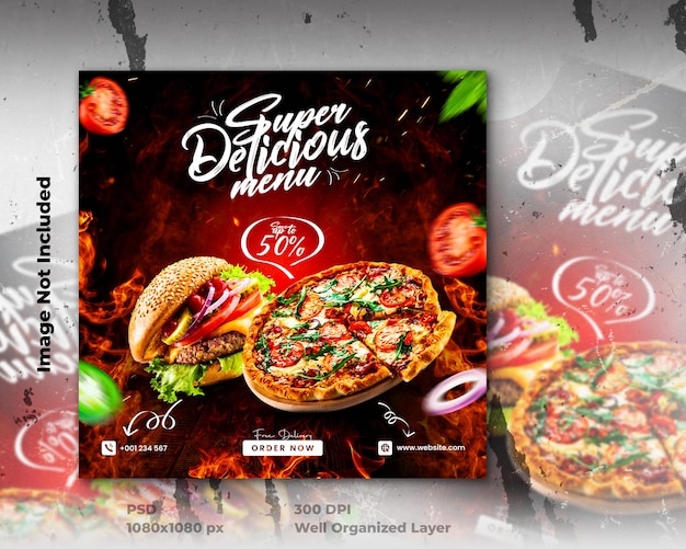 Delicious food menu and delicious pizza social media banner template