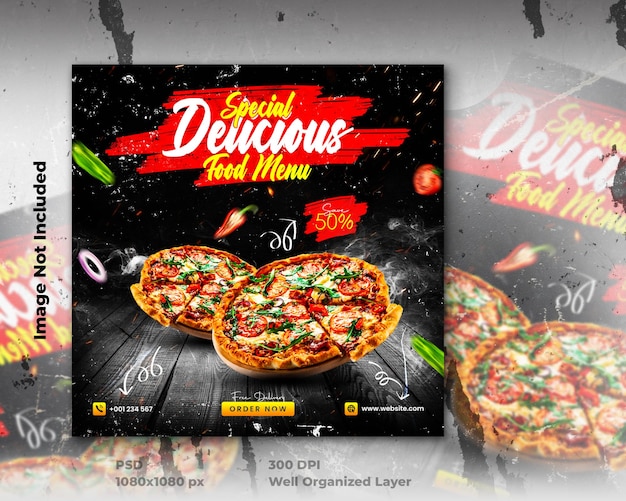 Delicious food menu and delicious pizza social media banner template