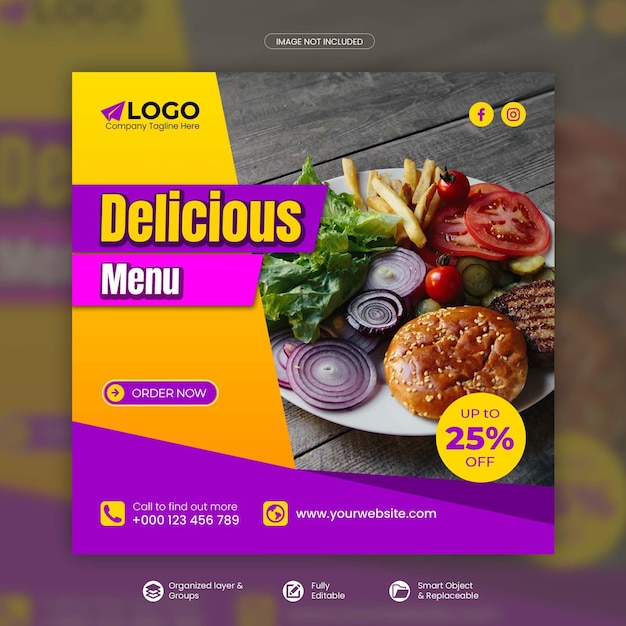 Delicious food menu social media promotion square banner psd template