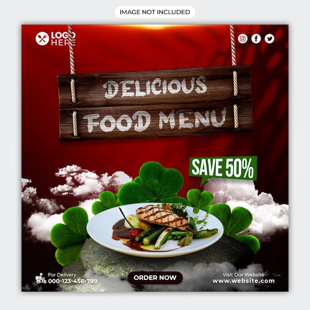 Delicious food menu social media promotion square banner template