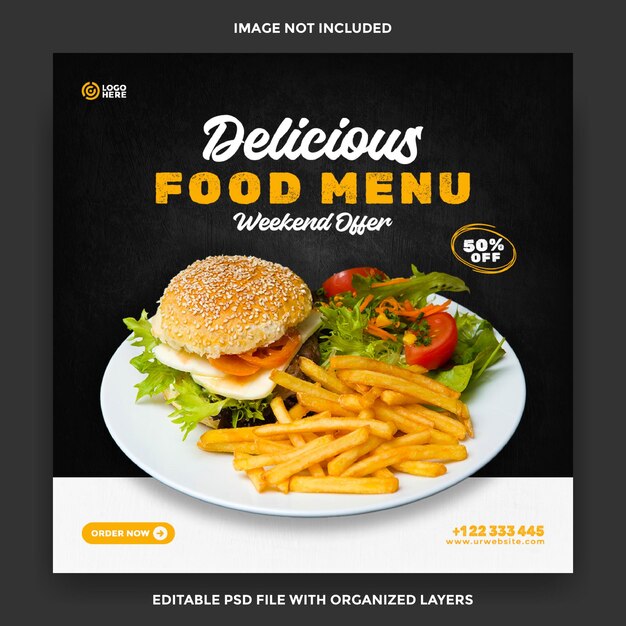 Delicious food menu square post social media sale banner