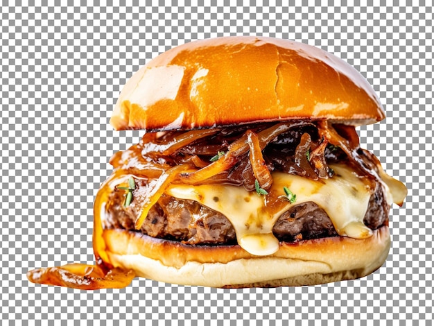 Delicious french onion burger isolated on transparent background