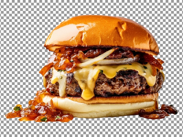 Delicious french onion burger isolated on transparent background