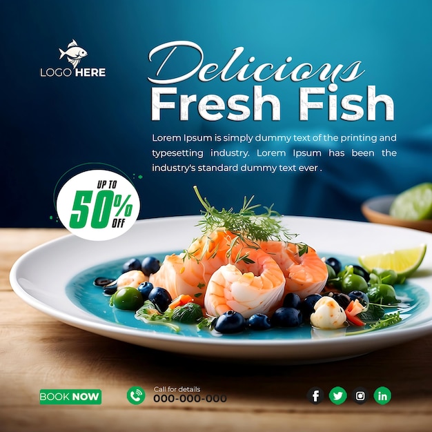 Delicious fresh sea fish banner for social media post AIgenerated