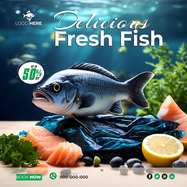 Delicious fresh sea fish banner for social media post AIgenerated