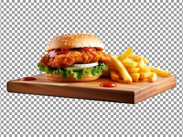 Delicious fried chicken burger with french fries isolated on transparent background