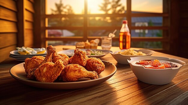 PSD delicious fried chicken set on wooden restaurant table generative ai